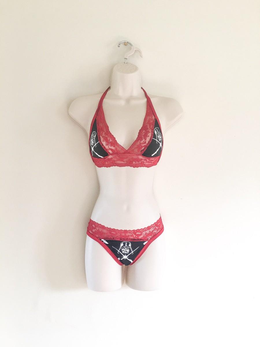 Wedding - Lingerie set Star Wars themed with sexy red lace and glowing Darth Vader and sabers Star Wars gstring thong panties Star Wars tie back bra