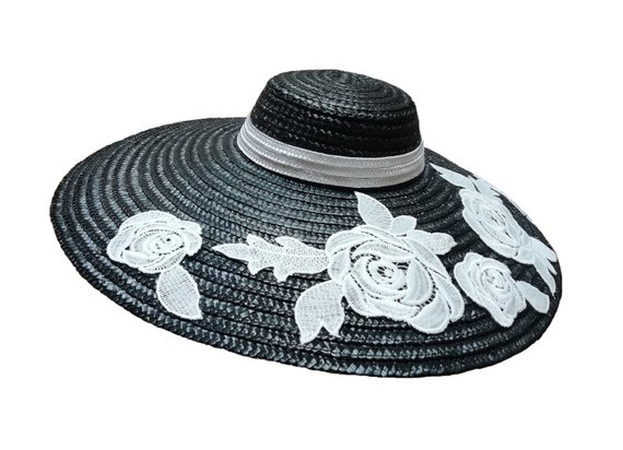 زفاف - Black wide brim hat. Black straw hat. PA-Pa001