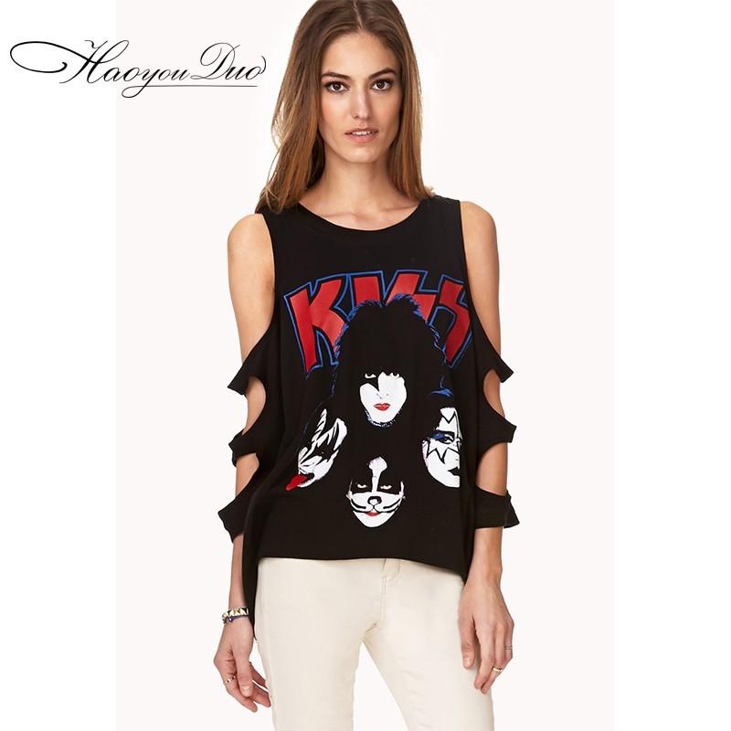Mariage - Printed Sketch Hollow Out Batwing Sleeves Off-the-Shoulder Cartoon T-shirt - Bonny YZOZO Boutique Store