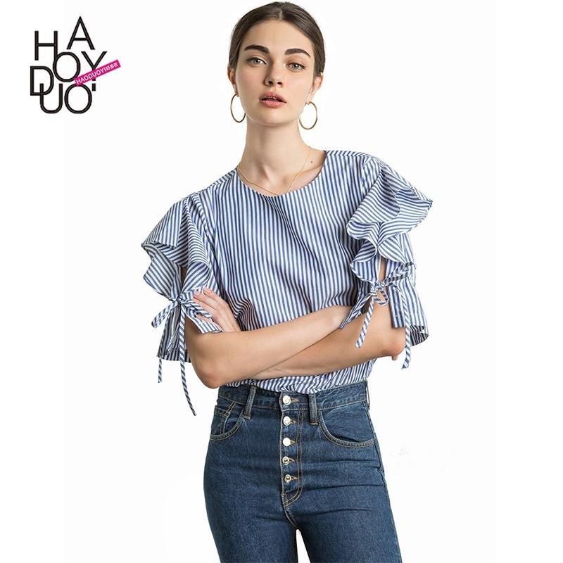 Wedding - School Style Sweet Scoop Neck Spring Tie Frilled Stripped Blouse - Bonny YZOZO Boutique Store