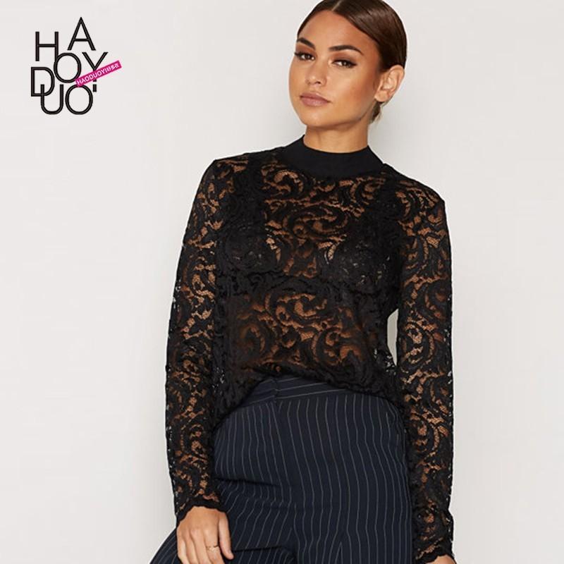 زفاف - Vogue Sexy Hollow Out Crochet High Neck Fall 9/10 Sleeves Lace Top - Bonny YZOZO Boutique Store