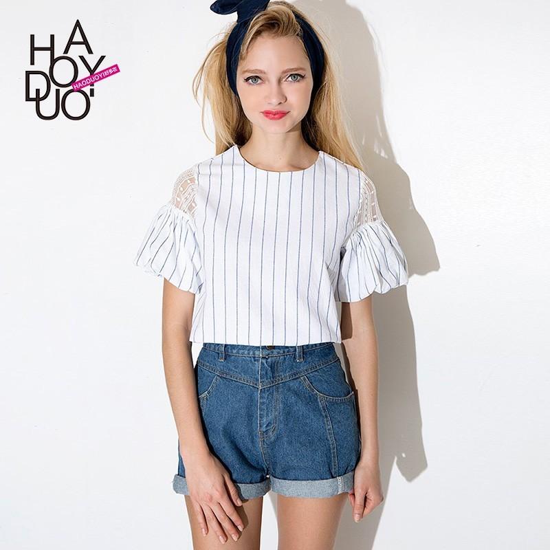 زفاف - School Style Casual Printed Split Front Short Sleeves Lace Stripped White T-shirt - Bonny YZOZO Boutique Store