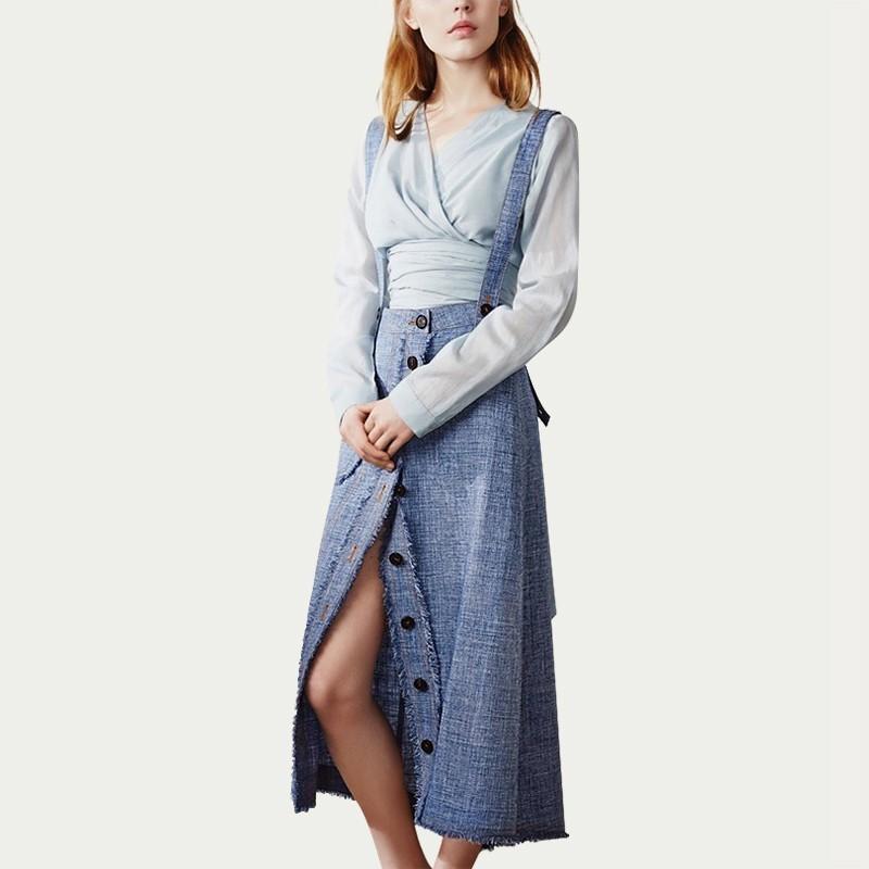 زفاف - 2017 spring new slim V collar waist long-sleeved suit skirt female strap high open fork skirt - Bonny YZOZO Boutique Store