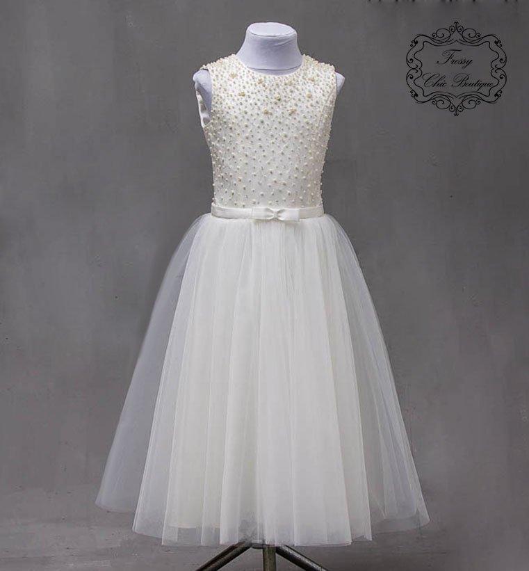 Wedding - Ivory lace pearls flower girl dresses junior dress ivory princess dress toddler beige dress girl baby ivory dress boho  dress lace baby