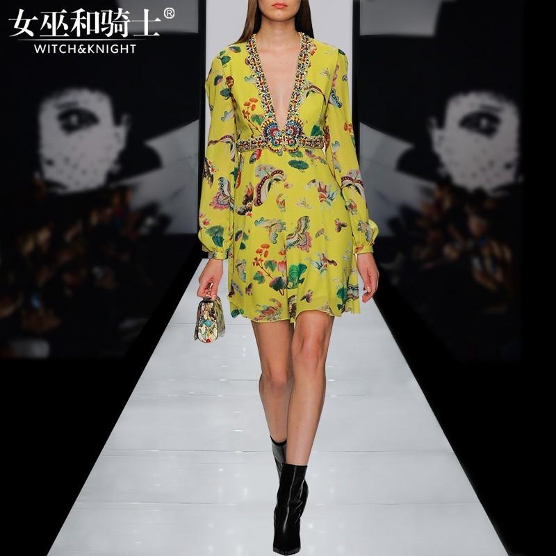 زفاف - Vogue Printed Beading Slimming A-line V-neck 9/10 Sleeves Dress - Bonny YZOZO Boutique Store