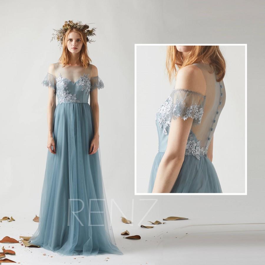 Hochzeit - Bridesmaid Dress Dusty Blue Tulle Dress,Illusion Boat Neck Maxi Dress,Lace Applique Off Shoulder A Line Evening Dress Wedding Dress(LS362)