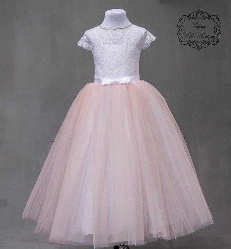 Hochzeit - Blush pink dress white flower girl  wedding dress tulle dress girls tulle dress toddler princess dress baby pink dress girls tutu dress
