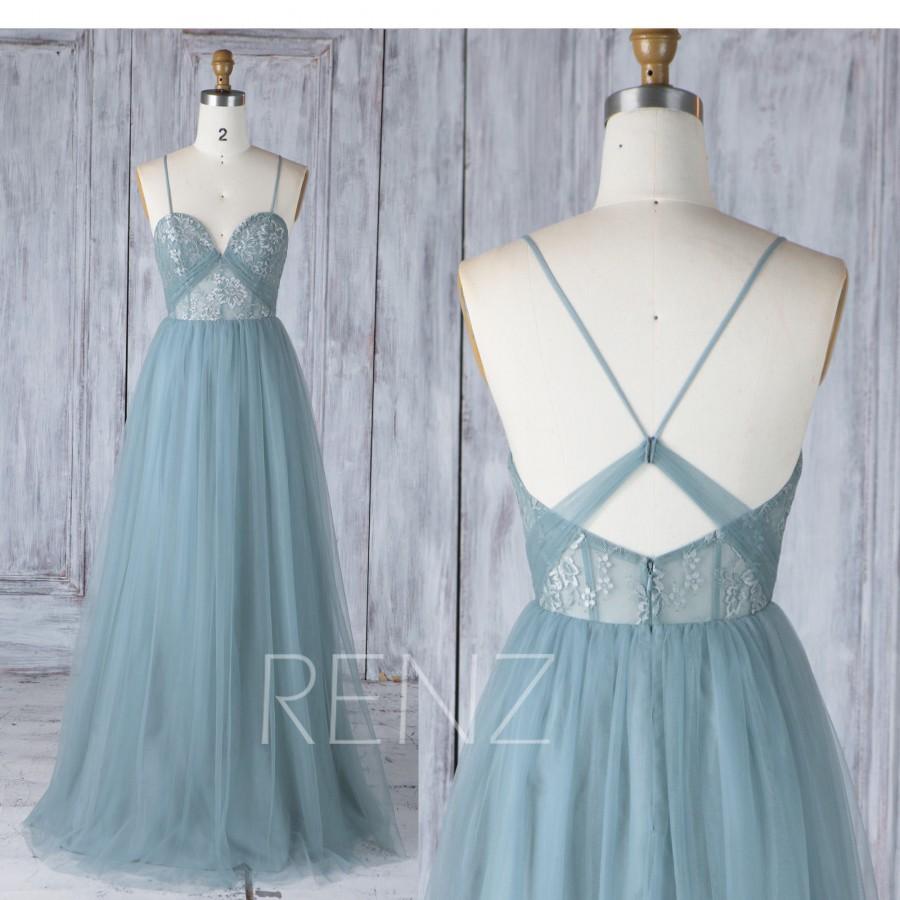 Hochzeit - Bridesmaid Dress Dusty Blue Tulle Dress,Wedding Dress,Spaghetti Strap Prom Dress,Illusion Sweetheart Maxi Dress,A-Line Party Dress(HS523)