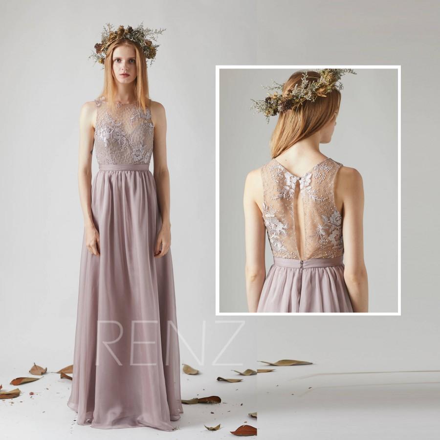 Mariage - Bridesmaid Dress Rose Gray Chiffon Dress Wedding Dress,Illusion Boat Neck Maxi Dress,Lace Back Party Dress,Sleeveless Evening Dress(T194)