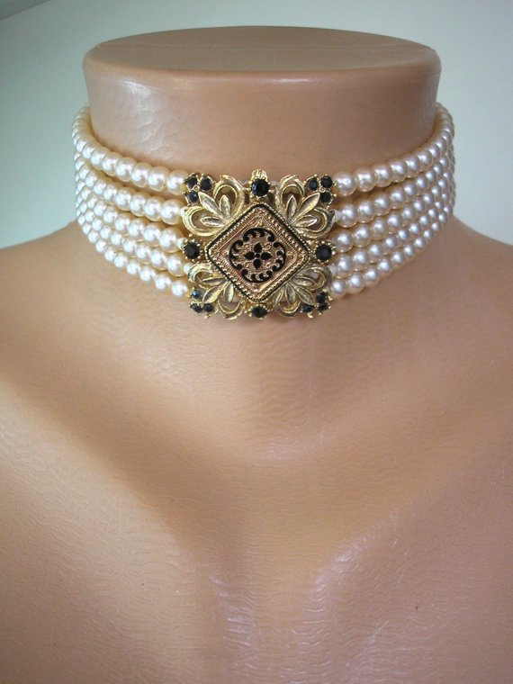Mariage - Vintage 5 Strand Pearl Choker, Indian Bridal Choker, Victorian Revival, Vintage Wedding, Bridal Pearls, French Jet, Statement Necklace