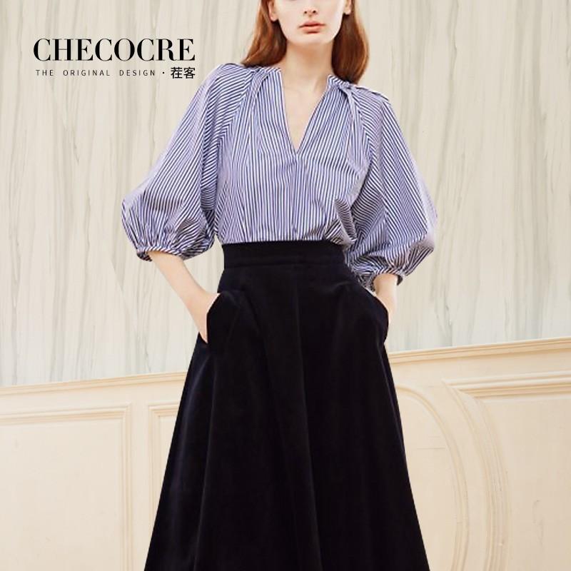 زفاف - Must-have Elegant Vogue V-neck 1/2 Sleeves Spring Casual Stripped Blue Blouse Top - Bonny YZOZO Boutique Store