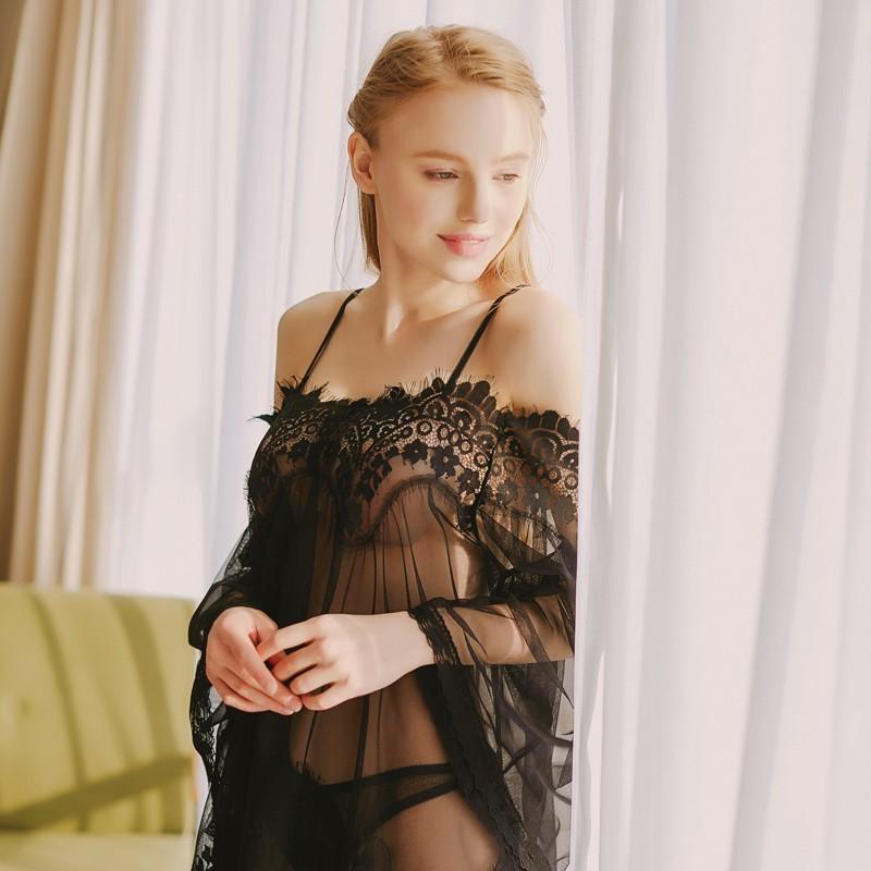 زفاف - Sexy Eyelash Lace Tulle Black Outfit Sleepy Dress Pajama - Bonny YZOZO Boutique Store