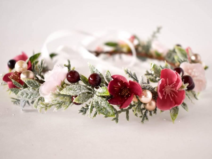 Wedding - Ready to Ship! Burgundy and Blush Flower Crown, Burgundy and Blush Winter crown, Burgundy headband. Frosty Winter flower crown