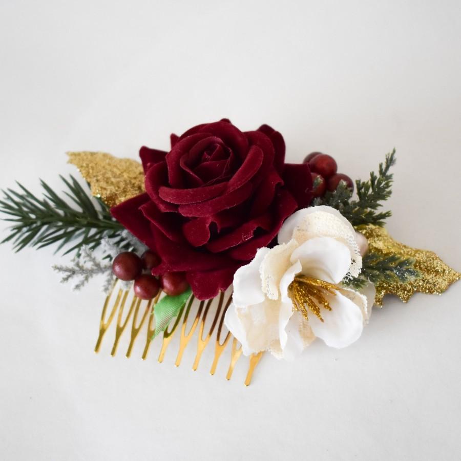 Mariage - Ready to Ship! Burgundy, Gold, and Ivory floral headpiece.  Velvet Christmas wedding hair comb. Burgundy velvet and ivory lace hairpiece.