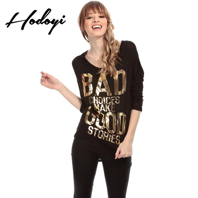 زفاف - Vogue Printed Hollow Out Scoop Neck 3/4 Sleeves Alphabet Fall Casual T-shirt - Bonny YZOZO Boutique Store