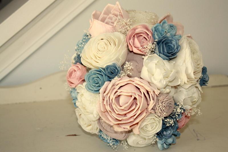 Wedding - Sola flower bouquet, brides wood flower bouquet, wooden flowers, dusty blue, peach wedding flowers, rustic blue bouquet, eco flowers