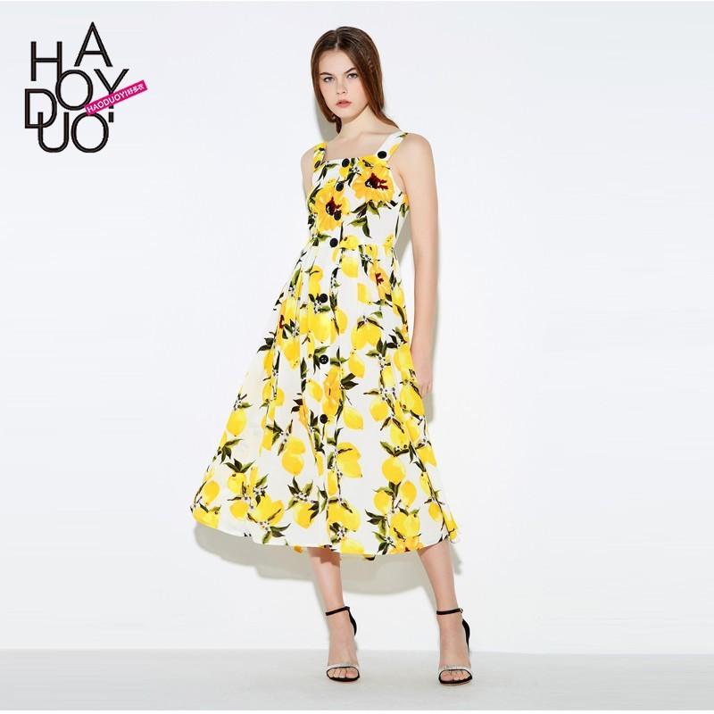 Mariage - New 2017 summer sweet lemon printing single strap fashion slim fold dress - Bonny YZOZO Boutique Store