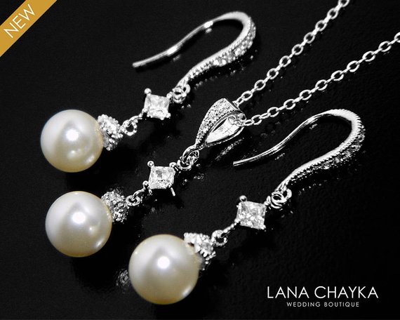 Wedding - Ivory Pearl Bridal Jewelry Set Swarovski 8mm Pearl Earrings&Necklace Set Small Pearl Silver Wedding Set Pearl Jewelry Set Bridesmaids Set