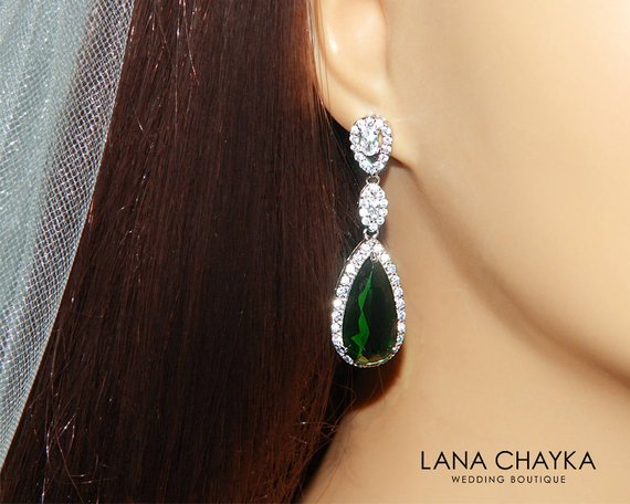 Wedding - Emerald Crystal Bridal Earrings, Green Chandelier Earrings, Emerald Bridal CZ Earrings, Green Teardrop Wedding Earrings, FREE US Shipping