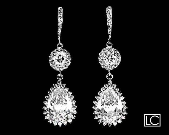 Hochzeit - Cubic Zirconia Bridal Earrings Crystal Chandelier Wedding Earrings CZ Dangle Earrings Bridal Jewelry Vintage Style Earrings Prom CZ Earrings
