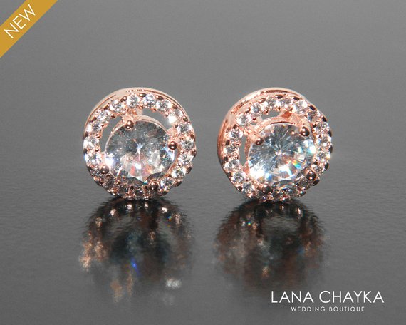 Mariage - Bridal Earrings, Rose Gold Cubic Zirconia Studs, Wedding Halo Earrings, Round Halo Earring Studs, Rose Gold Bridal Jewelry, Royal Wedding