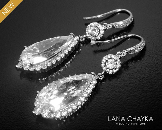 Wedding - Cubic Zirconia Bridal Earrings, Crystal Teardrop Earrings, Chandelier Crystal Wedding Earrings, CZ Dangle Earrings, Bridal Prom Jewelry