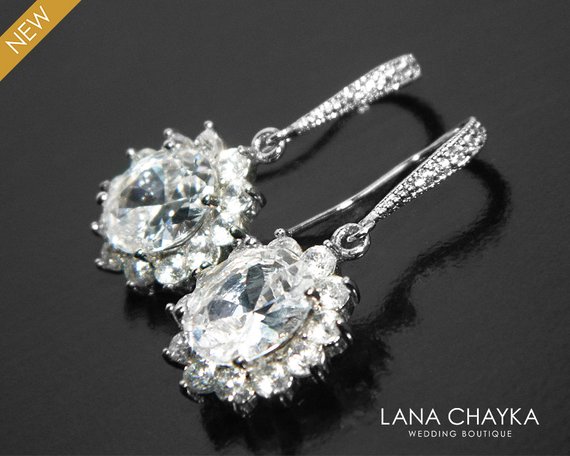 Mariage - Bridal Earrings, Crystal Wedding Earrings, Cubic Zirconia Earrings, Halo CZ Earrings, Wedding Oval Crystal Earrings, Bridal Crystal Jewelry