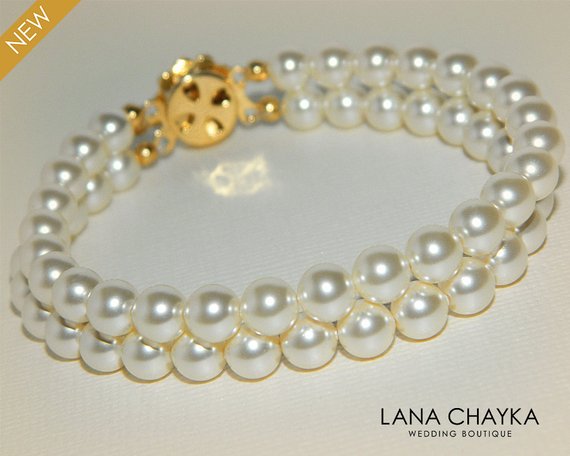 Свадьба - Pearl Cuff Bridal Bracelet Swarovski Cream Ivory Pearl Gold Bracelet Wedding Pearl Bracelet Two Strand Pearl Bracelet Bridal Pearl Jewelry