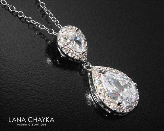 Свадьба - ON SALE Cubic Zirconia Bridal Necklace, Teardrop Crystal Necklace, Wedding Clear CZ Silver Necklace, Bridal Crystal Necklace, Bridal Jewelry
