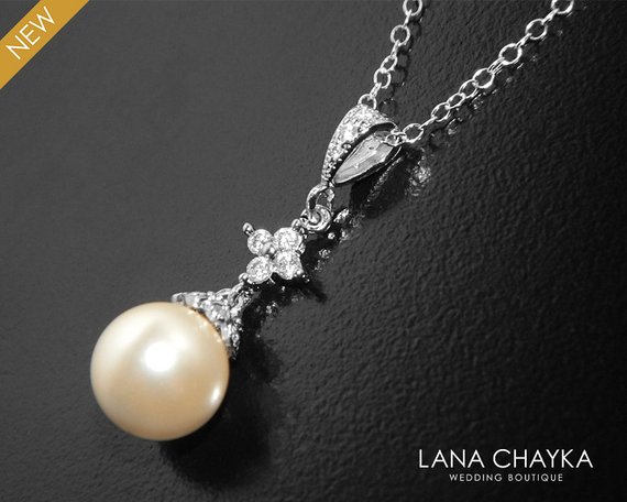 Hochzeit - Pearl Bridal Necklace, Swarovski Ivory Pearl Silver Necklace, Wedding Pearl Drop Necklace, Bridal Pearl Jewelry, Cream Ivory Pearl Pendant