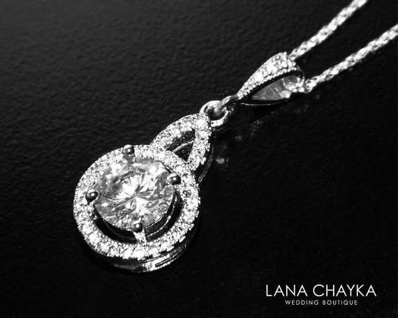 Wedding - Cubic Zirconia Bridal Necklace, Crystal Silver Necklace, Wedding Charm Necklace, Bridal Bridesmaid Crystal Jewelry, Clear CZ Silver Pendant