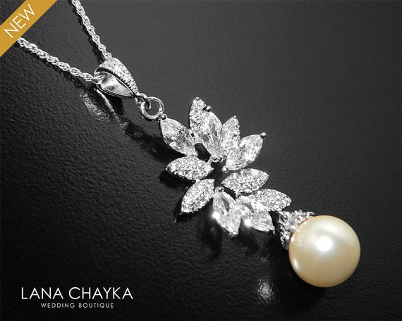 Hochzeit - Pearl Bridal Necklace, Swarovski Ivory Pearl Cubic Zirconia Necklace, Wedding Pearl Silver Necklace, Pearl Bridal Jewelry, Pearl CZ Pendant