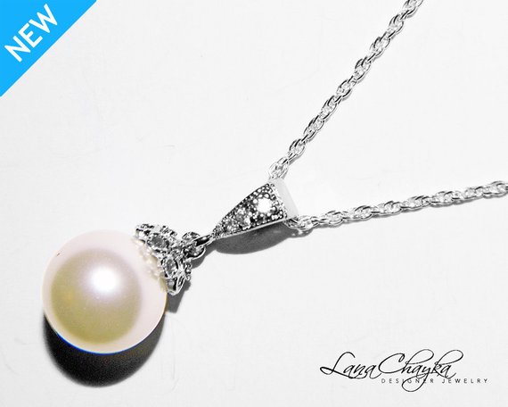 Wedding - Bridal Drop Pearl Necklace Single Ivory Pearl Necklace Swarovski 10mm Pearl Sterling Silver CZ Necklace Bridal Jewelry Wedding Pearl Jewelry