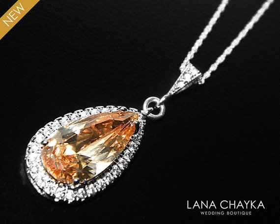 Mariage - Champagne Crystal Bridal Necklace, Champagne CZ Silver Necklace, Teardrop Halo Necklace, Peach Cubic Zirconia Pendant, Prom CZ Necklace
