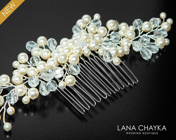 زفاف - Pearl Crystal Bridal Hair Comb, Wedding Floral Hair Comb, Swarovski Ivory Pearl Hair Piece, Crystal Pearl Headpiece, Bridal Hair Jewelry