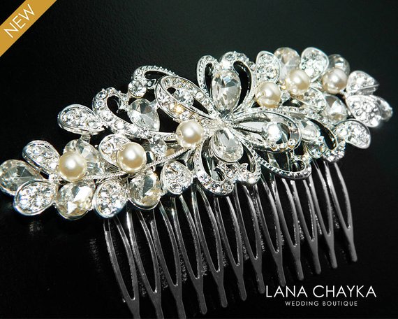 Mariage - Bridal Crystal Hair Comb, Wedding Crystal Pearl Hair Comb, Bridal Hair Piece Bridal Hair Jewelry Crystal Silver Hair Comb Bridal Floral Comb