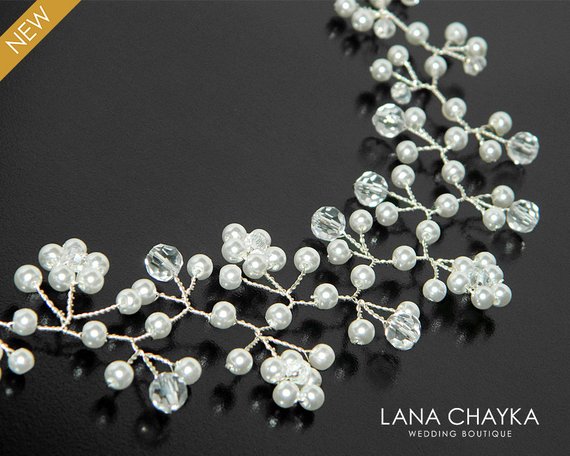 زفاف - Pearl Crystal Bridal Hair Vine, Wedding Hair Piece, Bridal Floral Hair Jewelry, Bridal Crystal Pearl Headpiece, Wedding Pearl Crystal Wreath