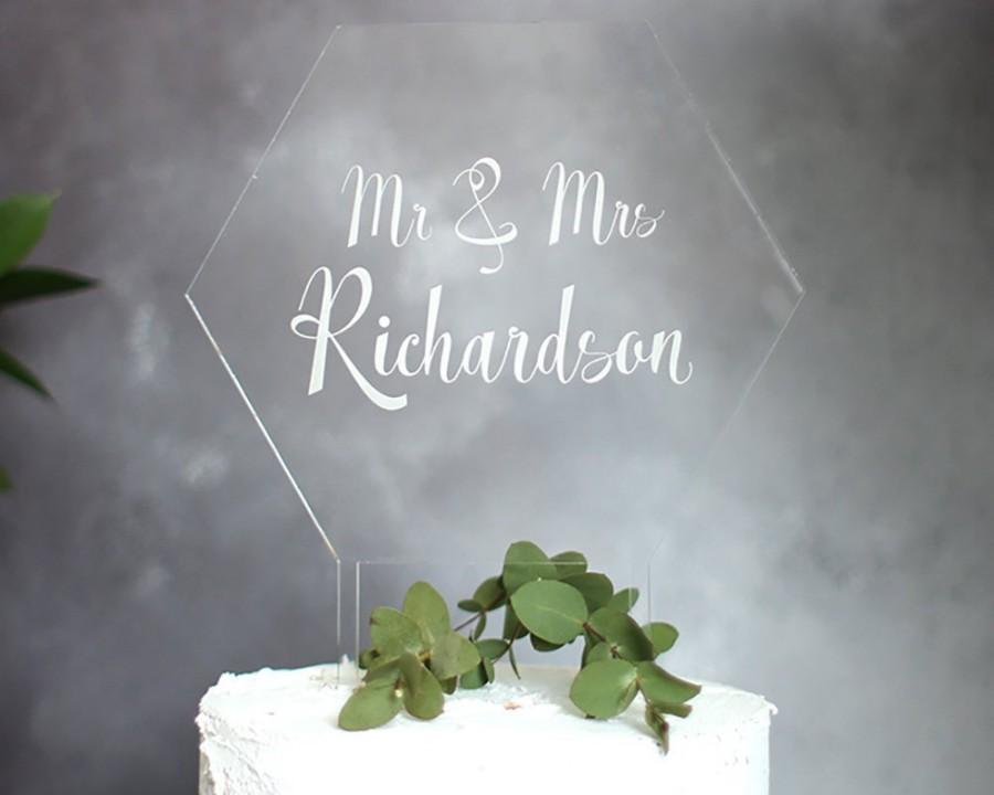 Wedding - Personalised Acrylic Cake Topper - Hexagon Cake Toppers - Wedding Cake Topper - Anniversary Cake Topper - Mr & Mrs Cake Topper