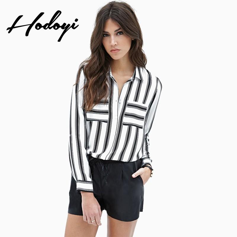 Wedding - Oversized Vogue Solid Color Chiffon Black & White Fall Casual 9/10 Sleeves Stripped Blouse - Bonny YZOZO Boutique Store