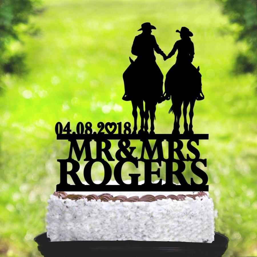 Свадьба - Bride and Groom with horse cake topper,Country Wedding cake topper,Cowboy Topper,horse cake topper,Cowboy with Lasso,topper with date (2084)