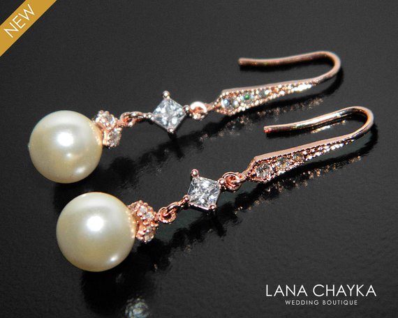 Wedding - Rose Gold Pearl Bridal Earrings, Swarovski 8mm Ivory Pearl Earrings, Wedding Pink Gold Pearl Earrings, Bridal Jewelry, Pearl Dangle Earrings