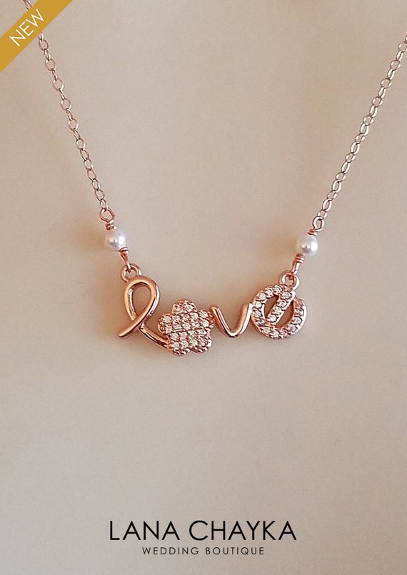 Mariage - Rose Gold Love Necklace, Love Pendant Necklace, Dainty CZ Love Necklace, Love Script Necklace, Swarovski Pearl Love Necklace Love CZ Pendant