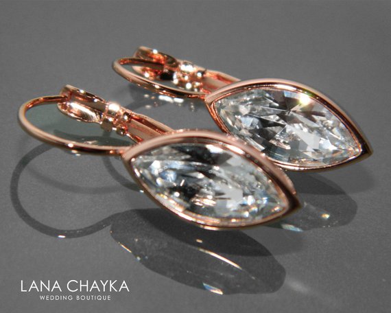 Mariage - Rose Gold Crystal Marquise Earrings Swarovski Crystal Leverback Vintage Style Earrings Wedding Bridesmaid Jewelry Sparkly Crystal Earrings