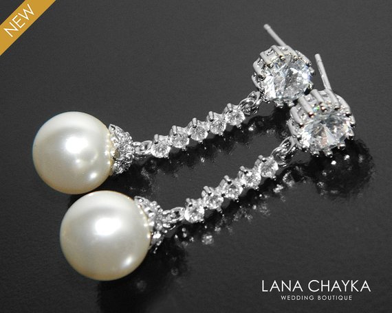 Wedding - Pearl Bridal Earrings, Swarovski White Pearl Silver Earrings, Wedding Pearl CZ Earrings, Pearl Bridal Jewelry, Pearl Chandelier Earrings