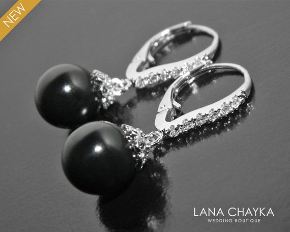 Wedding - Black Pearl Earrings, Swarovski Mystic Black Silver Earrings, Black Silver Leverback Earrings Black Drop Pearl Earring Wedding Pearl Jewelry