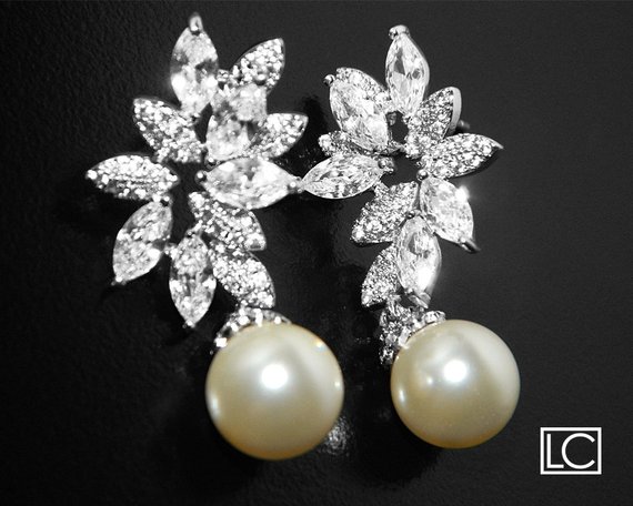 Hochzeit - White Pearl Cubic Zirconia Bridal Earrings, Swarovski 10mm Pearl Earrings, Wedding White Pearl CZ Earrings, White Pearl CZ Bridal Jewelry