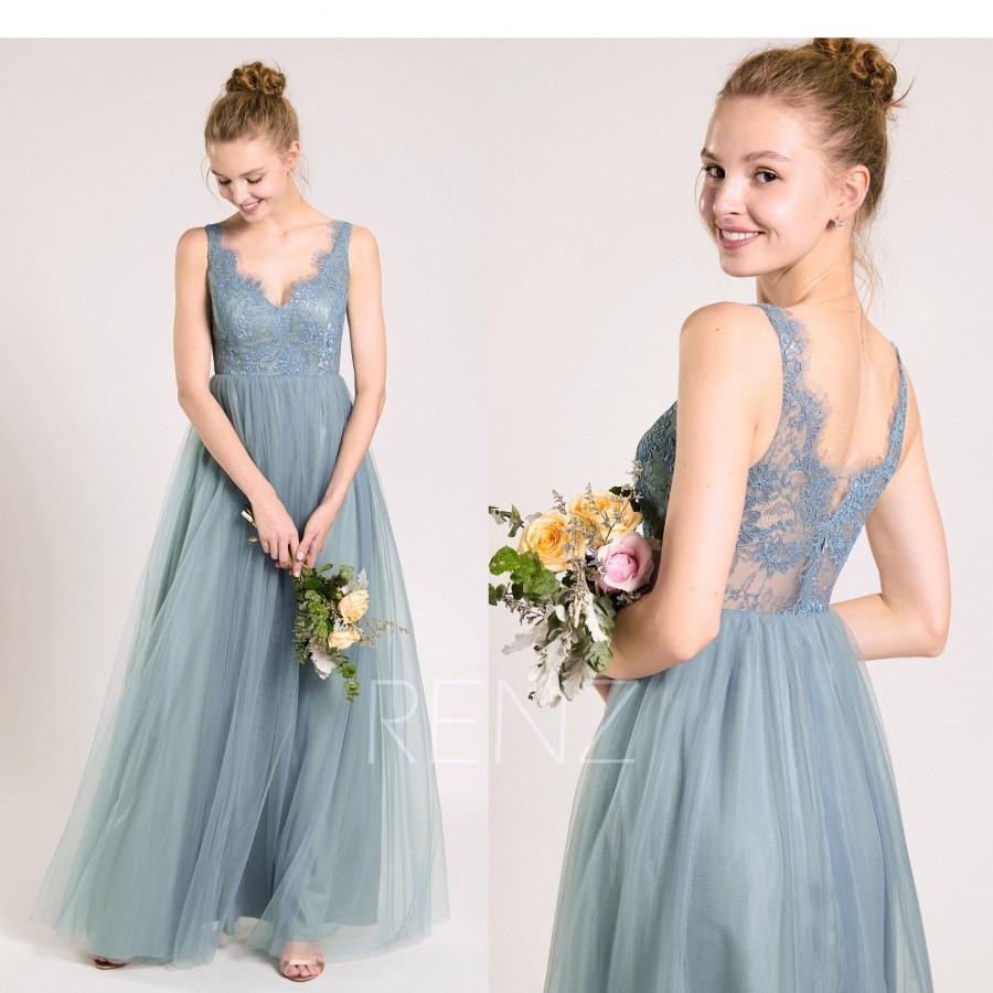 زفاف - Party Dress Dusty Blue Prom Dress,Scalloped V Neck Bridesmaid Dress,Illusion Lace Back Tulle Dress,A-Line Maxi Dress,Wedding Dress(HS693)