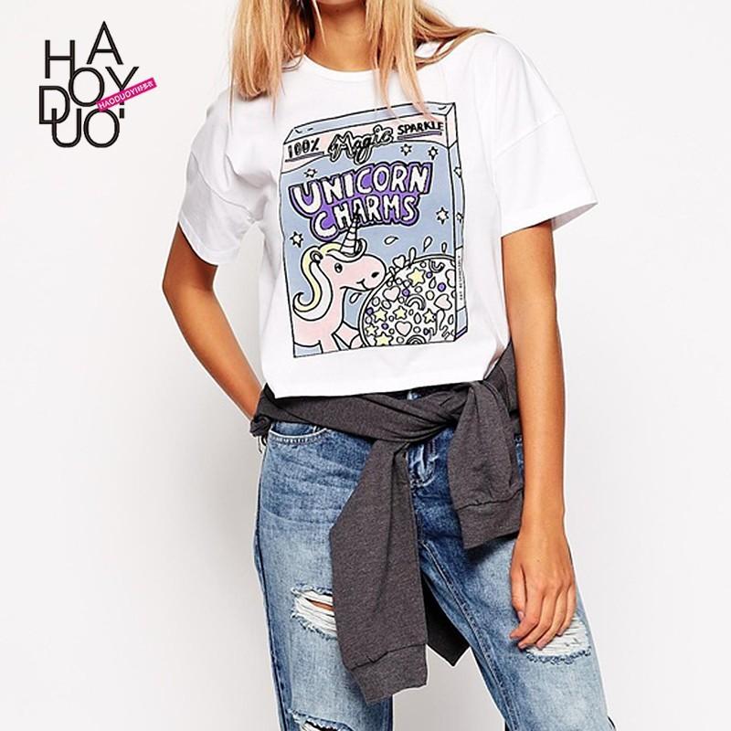 زفاف - Sweet cute cartoon-Unicorn print drop shoulder short sleeve t loose casual t shirt - Bonny YZOZO Boutique Store