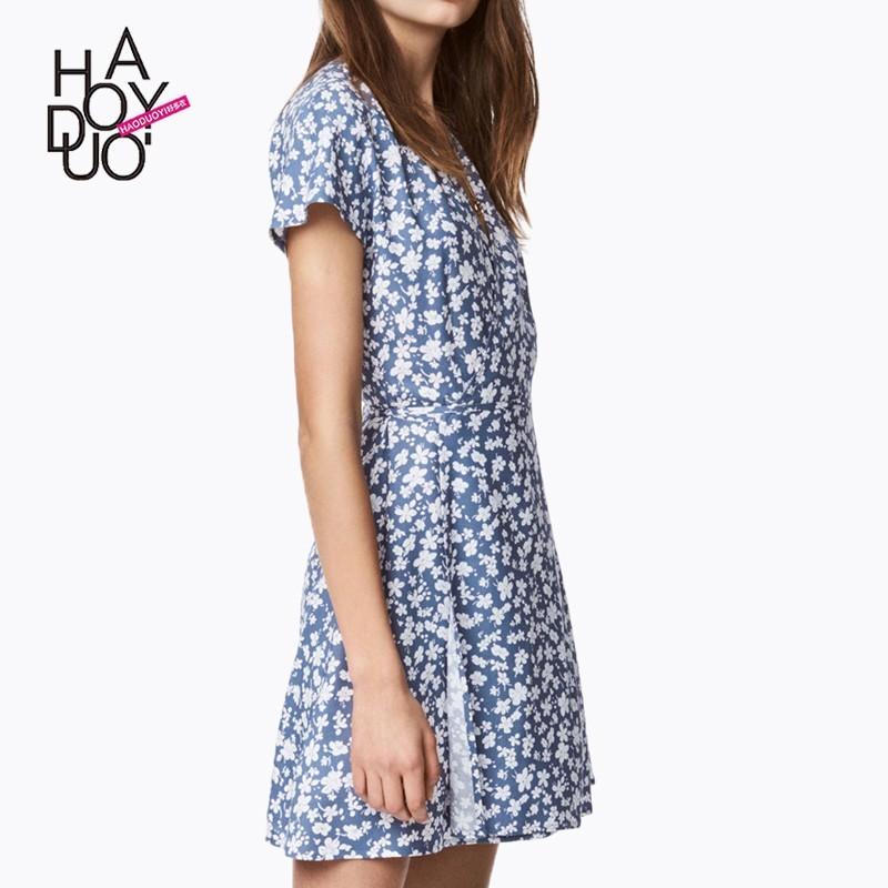 Mariage - Simple Vintage Pleated V-neck Floral White Blue Summer Short Sleeves Dress - Bonny YZOZO Boutique Store