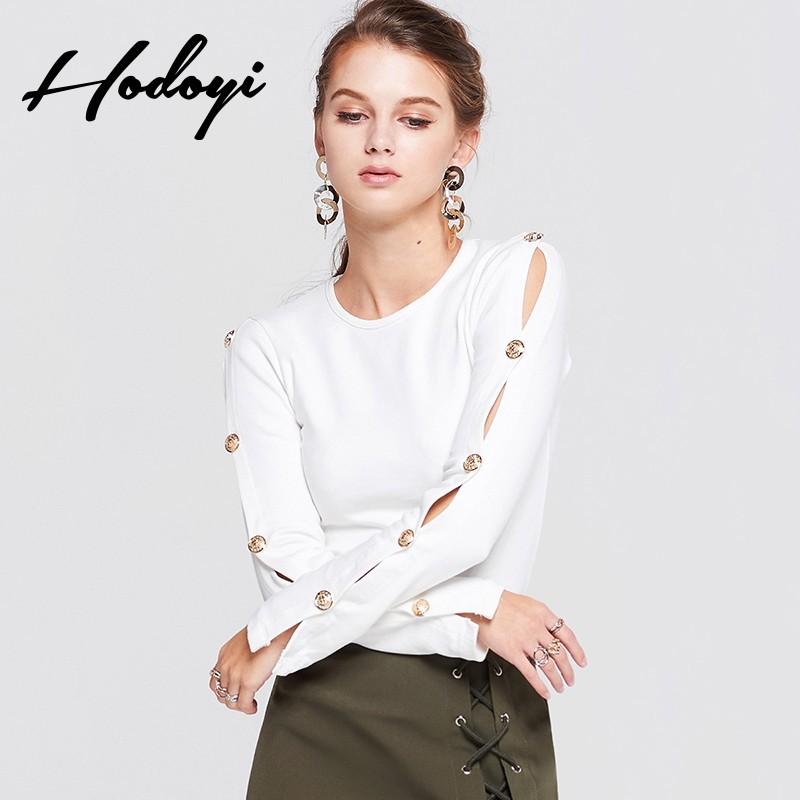 Wedding - Vogue Hollow Out Slimming Scoop Neck Accessories One Color Fall 9/10 Sleeves Buttons T-shirt - Bonny YZOZO Boutique Store